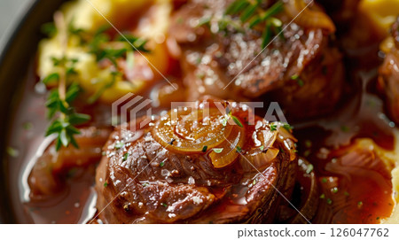 Porcini Veal Osso Buco: Tender veal shanks braised with porcini mushrooms and Marsala wine, served with creamy polenta and crispy sage. Porcini Veal Osso Buco: Tender veal shanks braised with porcini mushrooms and Marsala wine, served with creamy polenta and crispy sage. 126047762