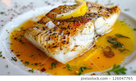 Smoked turbot with velvety smoked butter sauce, smoked sea salt, and lemon 126047765