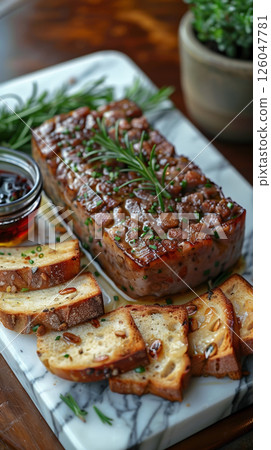 Elegant Marble Board with Toasted Almond Bread and Sauternes Jelly, Vertical View 126047781