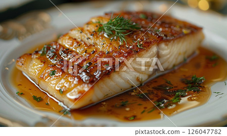 Elegant Porcelain Plate with Browned Butter and Lemon Sauce, Refined French Bistro Ambiance 126047782