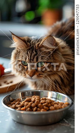silver dish filled with high-quality cat food is showcased in all its purity.Nearby, a sophisticated, well-groomed cat, with a sleek and polished appearance, savors the gourmet meal 126047783