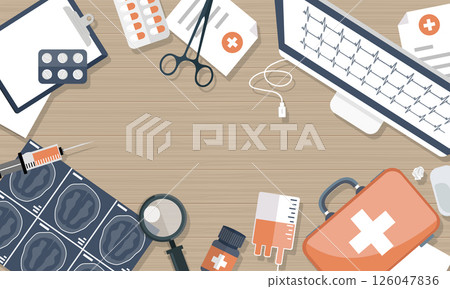 Therapy concept.Medical flat background,health care,first aid. International health protection,insurance.Medicine and surgery.Vaccination,medical research program.Online health check,medical diagnosis 126047836