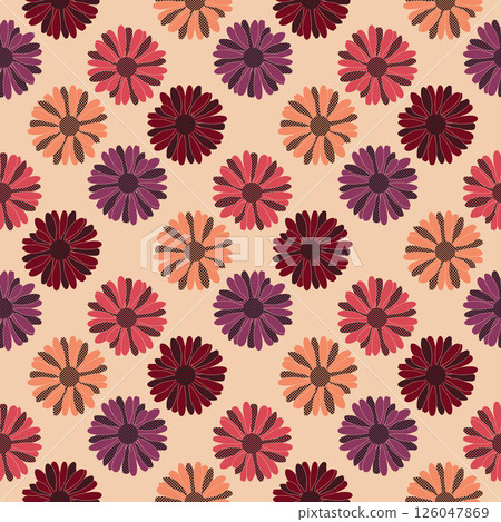 African daisy floral seamless pattern. Flat summer botanical background. Pattern for fabric, textile, wrapping paper, wallpaper, retro style.  126047869