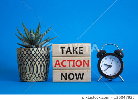 Take action now symbol. Wooden blocks with words Take action now. Beautiful blue background with succulent plant and alarm clock. Business and Take action now concept. Copy space. 126047925