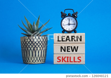 Learn new skills symbol. Concept words Learn new skills on wooden blocks. Beautiful blue background with succulent plant and alarm clock. Business and Learn new skills concept. Copy space. 126048121