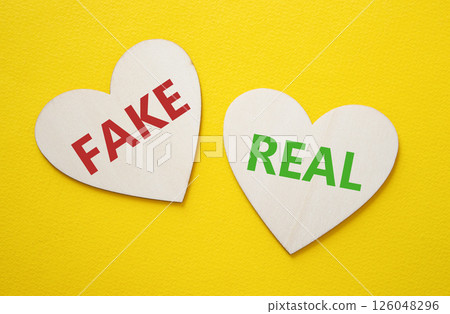 Real or Fake symbol. Concept word Real or Fake on wooden hearts. Beautiful yellow background. Business and Real or Fake concept. Copy space 126048296