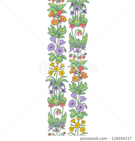 Stripe pattern with line art canary islands flowers. Floral vertical seamless border with hand drawn millefleur style botanicals 126048317