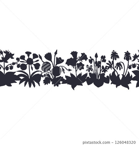 Stripe pattern with black silhouette canary islands flowers. Floral horizontal seamless border with monochrome hand drawn millefleur Stripe pattern with black silhouette canary islands flowers. Floral horizontal seamless border with monochrome hand drawn millefleur 126048320