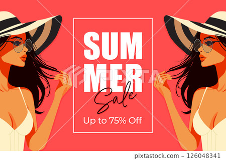summer sale poster with brunette girl flat vector illustration.	 126048341