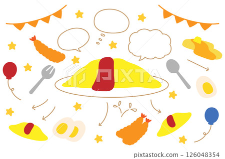 Speech bubble and food set of omelet rice and fried shrimp 126048354