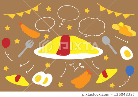 Speech bubble and food set of omelet rice and fried shrimp 126048355
