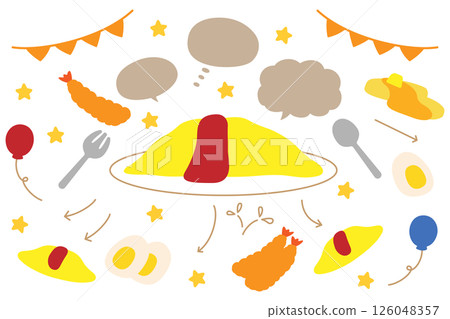 煎蛋飯和炸蝦的語音泡沫和食物套裝 126048357