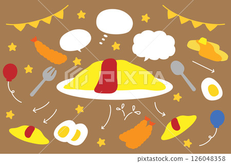 煎蛋飯和炸蝦的語音泡沫和食物套裝 126048358