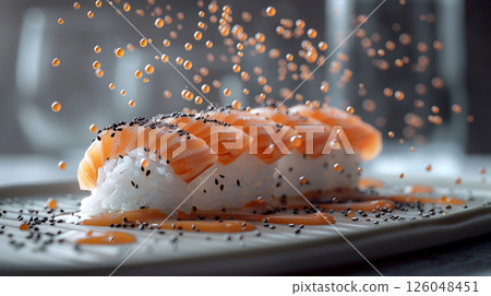 Sashimi with Black Truffle: Floating Slices, Drizzling Truffle Soy Sauce, and Whimsical Sushi Rice 126048451