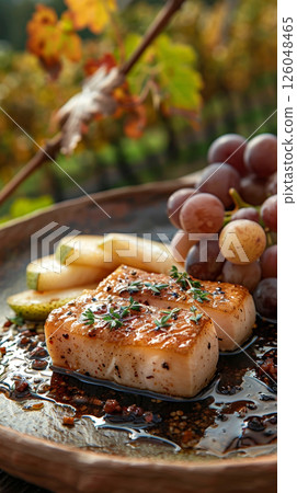 A portion of foie gras, adorned with fresh slices of pear and exquisite balsamic glaze, against a backdrop of green grapevines and trees, evokes natural beauty and refinement 126048465