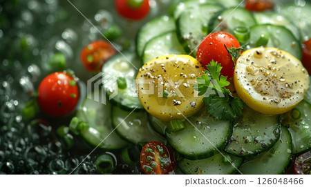 A single cucumber slice with a cube of avocado, a cherry tomato half, and a sprinkle of finely chopped green onion, drizzled with lemon juice and olive oil, levitating against a soft, neutral A single cucumber slice with a cube of avocado, a cherry tomato half, and a sprinkle of finely chopped green onion, drizzled with lemon juice and olive oil, levitating against a soft, neutral 126048466