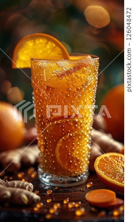 A bright glass filled with refreshing orange carrot ginger juice, garnished with a twist of orange peel and a small piece of ginger 126048472