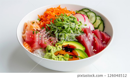 Rainbow Sashimi Bowl: Vibrant Sashimi, Avocado, Cucumber, Radish Sprouts, and Sushi Rice 126048512