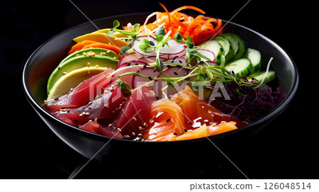 Rainbow Sashimi Bowl: Vibrant Sashimi, Avocado, Cucumber, and Sushi Rice on a Sleek Black Background 126048514