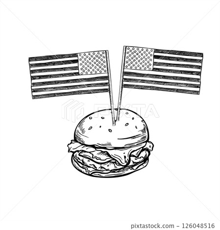 Juicy burger with mini American flags vector monochrome illustration in linear style. Beef sandwich for 4th of July, Memorial Day, BBQs, and patriotic events. Backyard food for menus, posters. Juicy burger with mini American flags vector monochrome illustration in linear style. Beef sandwich for 4th of July, Memorial Day, BBQs, and patriotic events. Backyard food for menus, posters. 126048516