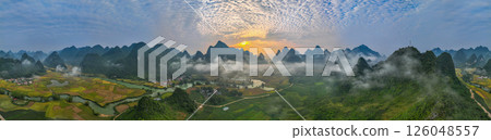 Aerial panorama view of stunning clouds in sunrise over the mountains 126048557