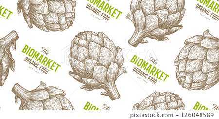 Artichoke, vegetable. Seamless pattern background. Tag, label, sign, artichoke drawing, sketch ink pencil draw, seamless pattern background. Seamless pattern paper background. Vector Illustration 126048589