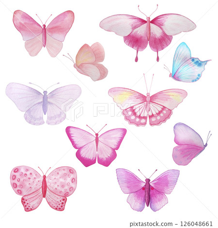 Set of fantasy pink, purple and blue butterflies. Hand drawn watercolor isolated on white background. 126048661
