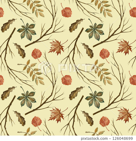Seamless pattern with different autumn floral elements. Handmade watercolor illustration. On a colored background. Great for packaging, decor, textiles and wallpaper, for printing and wrapping paper. 126048699