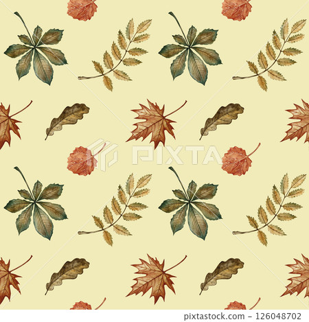 Seamless pattern with different autumn leaves. Handmade watercolor illustration. On a colored background. Great for packaging, decor, textiles and wallpaper, for printing and wrapping paper. 126048702