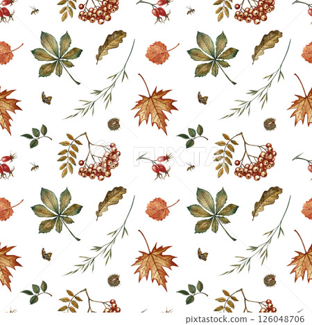 Seamless pattern with different autumn floral elements. Handmade watercolor illustration. Color image. Great for packaging, decor, textiles and wallpaper, for printing and wrapping paper. 126048706