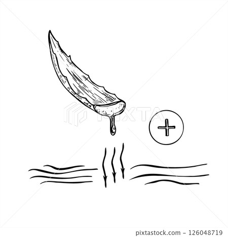 Monochrome vector illustration of aloe vera juice healing skin wound with medical cross symbol. Natural herb for first aid kits, herbal medicine packaging, dermatology clinics, and healthcare. 126048719