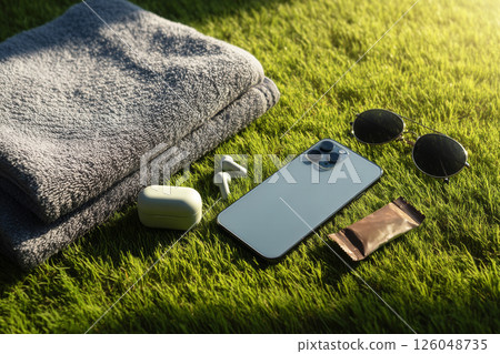 Top view of fitness accessories on grass. Sports gear for training 126048735