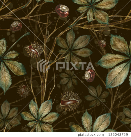 Seamless pattern with autumn chestnut leaves, twigs and fruits. Handmade watercolor illustration. On a dark background. Great for packaging, decor, textiles and wallpaper, printing and wrapping paper. Seamless pattern with autumn chestnut leaves, twigs and fruits. Handmade watercolor illustration. On a dark background. Great for packaging, decor, textiles and wallpaper, printing and wrapping paper. 126048739