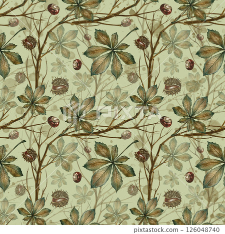 Seamless pattern with autumn chestnut leaves, twigs and fruits. Handmade watercolor illustration. On a colored background. For packaging, decor, textiles and wallpaper, for printing and wrapping paper Seamless pattern with autumn chestnut leaves, twigs and fruits. Handmade watercolor illustration. On a colored background. For packaging, decor, textiles and wallpaper, for printing and wrapping paper 126048740
