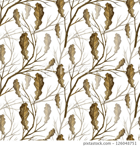 Seamless pattern with autumn oak leaves and branches. Handmade watercolor illustration. Color image. Great for packaging, decor, textiles and wallpaper, for printing and wrapping paper. 126048751
