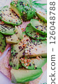 toast with avocado slices served on dry crispy bread. healthy food concept. Vertical mobile photo 126048788