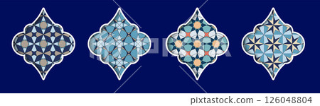 Islamic window design featuring intricate geometric patterns in varying shades of blue 126048804
