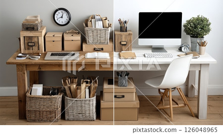 Home office makeover transformation before and after with modern minimalist design and smart organization solutions 126048965