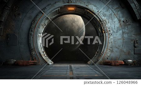 Futuristic space station airlock opening to stunning view of planet and distant stars in mysterious outer space environment 126048966