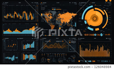 Dynamic global data dashboard with interactive charts, graphs, and world map in a high-tech interface for analytical insights 126048984