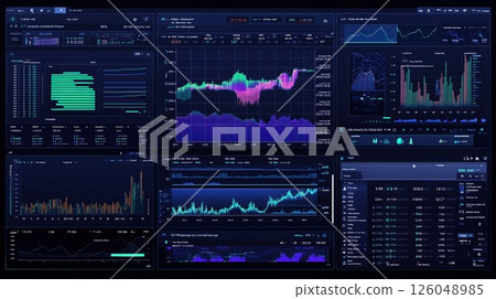 Dynamic financial dashboard with interactive charts and data visualizations for in-depth market analysis and strategic decision-making 126048985