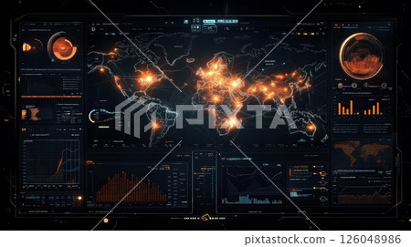 Global digital interface highlighting network traffic patterns and data analytics with illuminated world map and graphical charts 126048986
