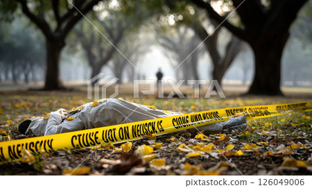 Crime scene in park with body covered by cloth and yellow tape surrounding autumn leaves and trees 126049006