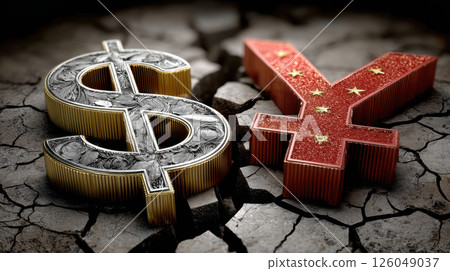 Economic tensions depicted with dollar and yuan symbols on cracked earth - representation of usa and china trade war dynamics Economic tensions depicted with dollar and yuan symbols on cracked earth - representation of usa and china trade war dynamics 126049037