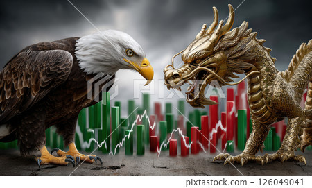 Symbolic representation of usa and china trade war with eagle and dragon amid economic tension with stock market graphs 126049041