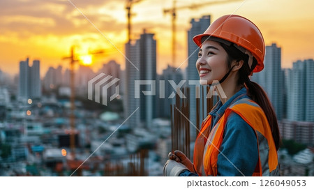 Asian female construction worker in safety gear smiling at urban skyline during sunset with skyscrapers and cranes in background 126049053
