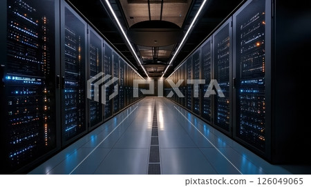 Modern data center corridor with illuminated server racks and advanced cooling system in a high-tech environment 126049065