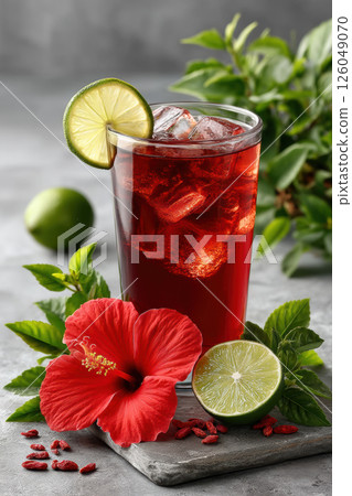 Refreshing hibiscus tea with lime and ice, surrounded by fresh leaves and flowers on a gray background 126049070