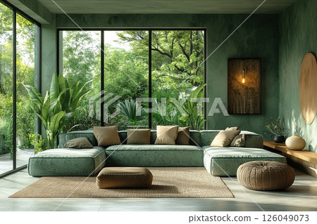 Luxurious green living room with large windows, modern sofa, indoor plants, and natural light overlooking lush garden 126049073