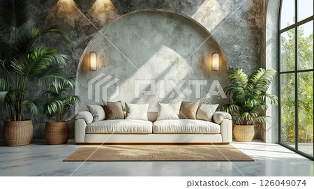 Elegant modern living room with white sofa, rustic textured wall, indoor plants, and large sunlit window 126049074